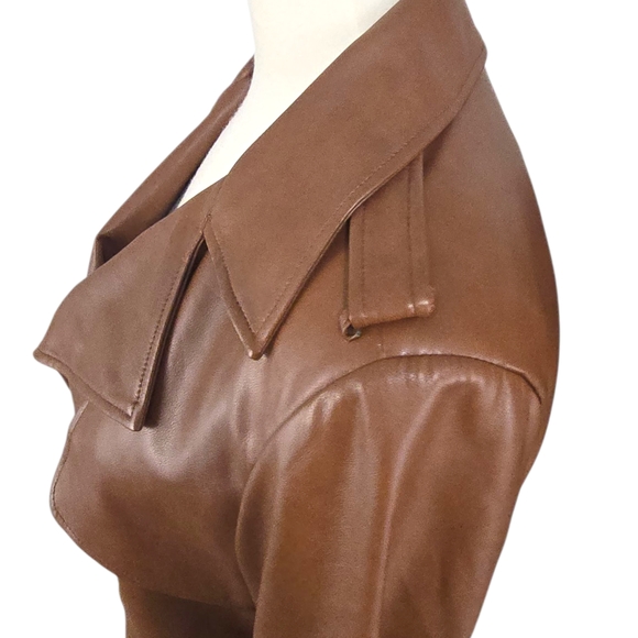 7 For All Mankind Cognac Brown Faux Leather Cropped Moto Jacket S Quiet Luxury - Picture 6 of 15